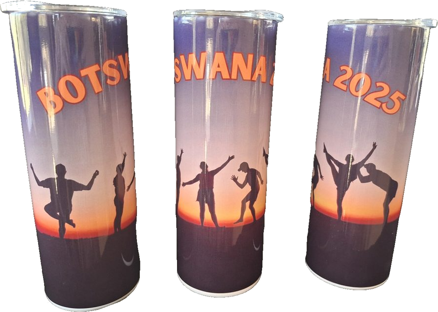 Three personalised skinny tumblers printed with a Botswana sunset design